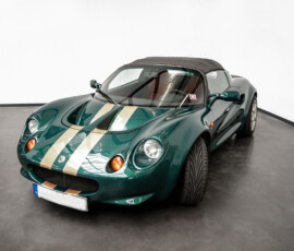 Lotus Elise mit geschlossenem Verdeck, grüne Lackierung mit goldenen Streifen, Studioaufnahme.