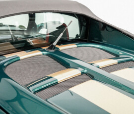 Detailansicht der hinteren Motorabdeckung eines Lotus Elise mit Lüftungsgittern und Rennstreifen.
